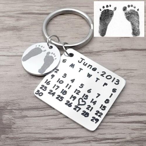 Personalized Fingerprint Calendar Keychain Custom Fathers Keyring Engraved New Baby Birth Date Key Chain Gift for Dad