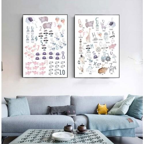 Alphabet Poster Number Educational Canvas Painting Nursery Wall Art Prints Animals Illustration Learning Picture Kids Room Decor