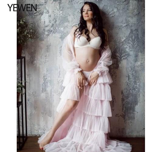Elegant Long Sleeves Maternity Dress Tulle Open Front Prom Gown Maternity Photography Props Dress YEWEN