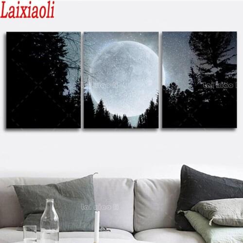 Full Moon Scenery diamond painting full square round Triptych Painting Art forest night tree 3 pcs set Aisle Living Room Decor