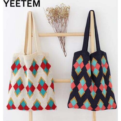 Wool knitted shoulder bag double strap soft geometric pattern knitted bag white blue soft face autumn winter wool knitted bag