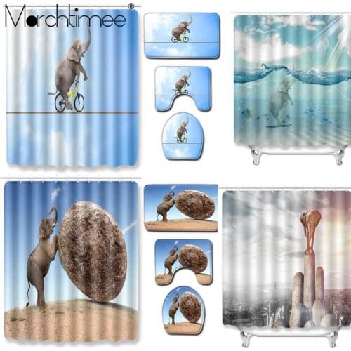 Elephant Waterproof Shower Curtain Block Bath Curtains Bathroom Toilet Cover Floor Mat Set For Bathtub Bathing Cover with Hooks