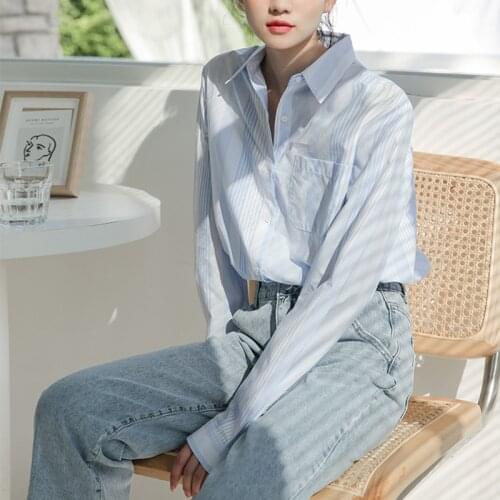 QOERLIN OL Style Womens Long Sleeve Turn-Down Collar Blue Striped Casual Blouses Fashion Korean Pocket Button Down Shirt Tops