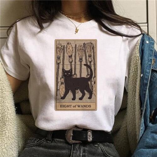 White T-shirt Women Vintage Grunge Style Tee Tarot Card The Moon And Cat Aesthetic Harajuku Hipster Ulzzang Edgy Graphic Tees