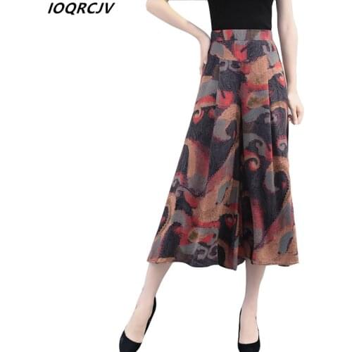 2019 Summer Women Pants New High Waist Cropped Trousers Printed Wide Leg Pants Female Elastic Waist Chiffon Plus Size Bottoms