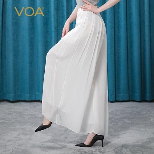 VOA Silk Georgette with White Waist and Yellow Line Decoration Side Zipper Yuke Pleat Lady Wild Temperament Wide-leg Pants KE180