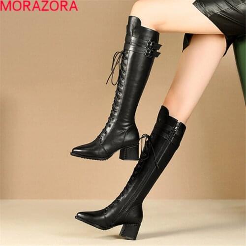 MORAZORA 2020 new arrive genuine leather keep warm knee high boots thick high heels high quality winter shoes woman boots