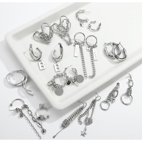 AENSOA New Punk Style Silver Color Long Earrings for Women Trendy Small Large Geometric Circle Drop Earring Punk Hip Hop Jewelry