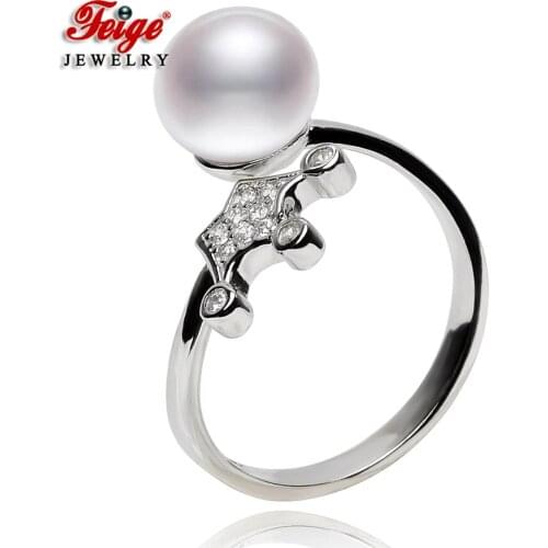 FEIGE 925 Sterling Silver Imperial crown Shaped Pearl Rings For Women 8-9mm White Natural Freshwater Pearl Ring Fine jewelry