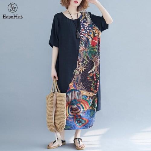 2021 Summer Women Loose Maxi Long Dresses Vintage Printed Splicing Holiday Boho Beach Sundress Oversized Robes Femme Vestidos