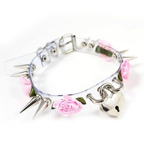 100% Handcrafted Kawaii Sexy Women Punk Goth Long Spiked Rose Flower Clear Safe Heart Key Choker Double Studded Collar Necklace