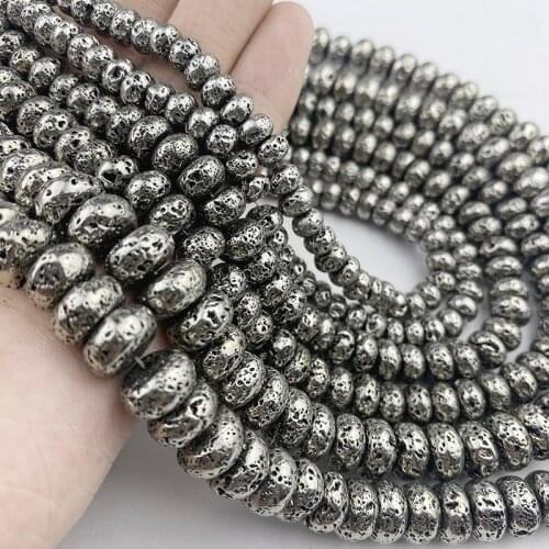6/8/10MM Antique White Gold Lava Natural Stone Silvers Flat Round Hematite Loose Beads For Jewelry Bracelets Making DIY Finding