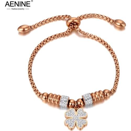 AENINE Fashion Stainless Steel Mosaic Crytal Flower Charm Bracelets For Girls Rose Gold Adjustable Chain Link Bracelet AB20054
