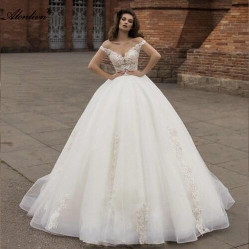 Alonlivn Beading Pearls Embroidery Lace Puffy Ball Gown Wedding Dresses Off The Shoulder Silky Organza Bride Gowns