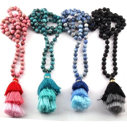 Free Shipping Fashion Bohemian Tribal Jewelry Fashion Stones long Knotted 3 Color Tassel Necklace