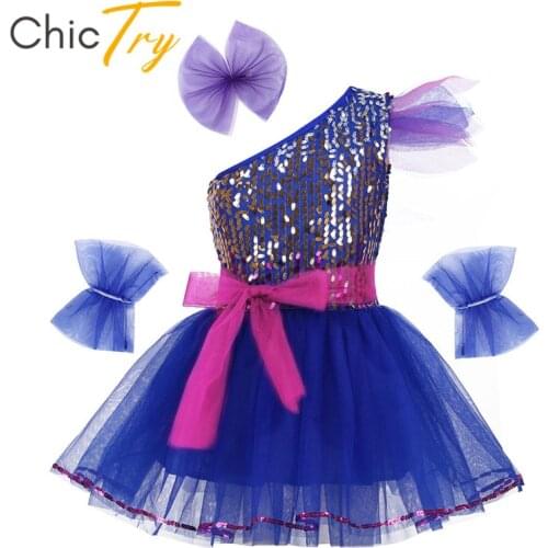 ChicTry Kids Teens One-Shoulder Sequins Stage Performance Jazz Dance Costumes Set Girls Ballroom Ballet Tutu Mesh Dance Dress