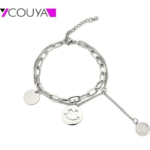 Double-Layer Exquisite Simple Fashion Emoticon Smile Face Pendant Women Stainless Steel Adjustable Size Bracelet Jewelry