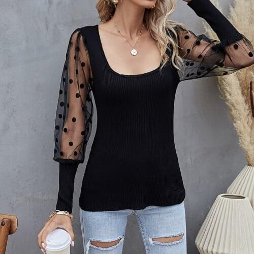Summer Tulle Stitching Long Sleeve Solid Color T-shirt Women Clothes Casual Square Collar Ladies Tops Streetwear Tee Shirt Femme