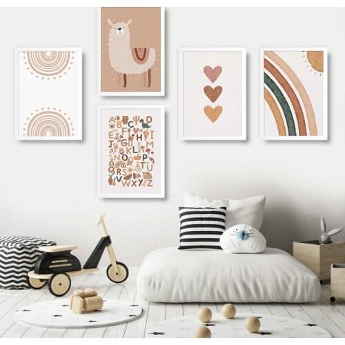 Canvas Painting Abstract Alpaca Print Rainbow Poster Nursery Wall Art Alphabet Heart Boho Pictures Baby Kids Room Decor