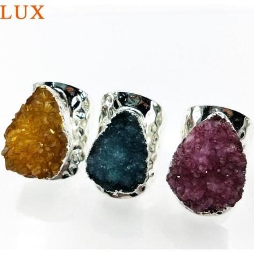 Wholesale silver Plated Natural Agates Druzy Ring multi color Silver Ring Freeform Brilliant Drusy Gems stone Geode Jewelry Ring