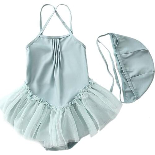 6 Colors Girls Summer Swimsuit Set Backless Sleeveless Tulle Dress Bodysuit and Cap Two-Piece Suit for Vacation Swimming Beach