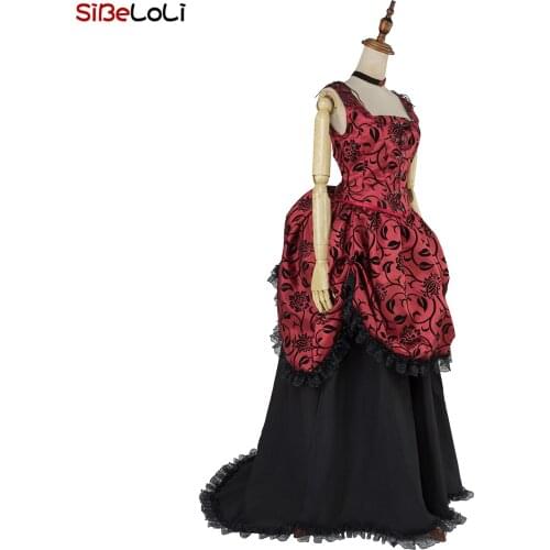 Renaissance Wine Red Rococo Floral Printed Corset Victorian Bustle Dress 2PCS Set Gothic Steampunk Gowns Theater Costume
