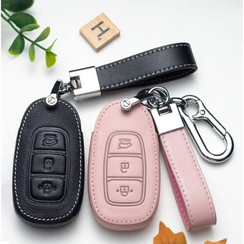 Leather Car Key Case Cover for Hyundai i30 Ix35 KONA Encino Solaris Azera Ig Accent Santa Fe Palisade 2017 2018 2019 Keyring