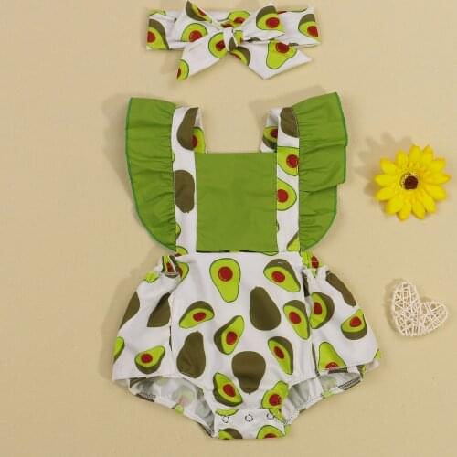 Summer 2 Pcs Newborn Outfits Baby Girls Avocado/Strawberry/Corn Print Fly Sleeve Square Collar Romper + Bow-knot Headband