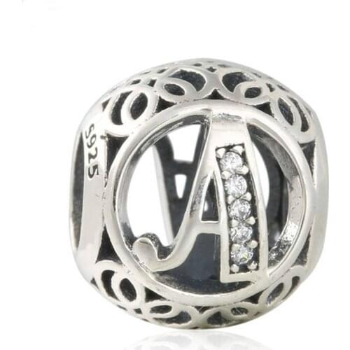 Summer 925-Sterling-Silver Vintage Alphabet Cubic Zirconia Letter A Openwork Charms Beads Fits Pandora bracelets jewelry