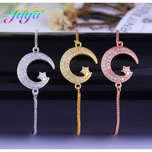 Juya Fashion Islamic Jewelry Supplies Micro Pave Zircon Moon Star Crescent Muslim Allah Bracelets For Women Men Gift Jewelry