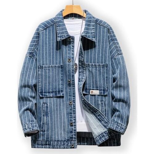 Stripes Men Denim Jacket Blue Casual Loose Simple Personality High Quality Brand Male Clothing Cowboy Jeans Coat Plus Size 5xl
