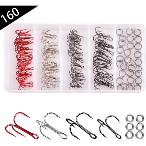 160Pcs/box Fishing Treble Hooks Kit Sharp Bass Fishing Hooks Saltwater Triple hook with Split rings Barbed Hooks with Tackle Box
