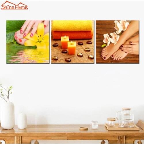 ShineHome-3pcs Wall Art Canvas Printed Painting Spa Yoga Body Nail Salon Massage Bright Golden Modular Art Picture Canvas Prints