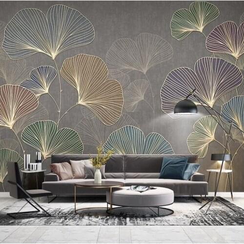 Custom Any Size Mural Wallpaper Modern Minimalist Light Luxury 3D Lines Embossed Ginkgo Leaves Wall Painting Papel De Parede 3 D