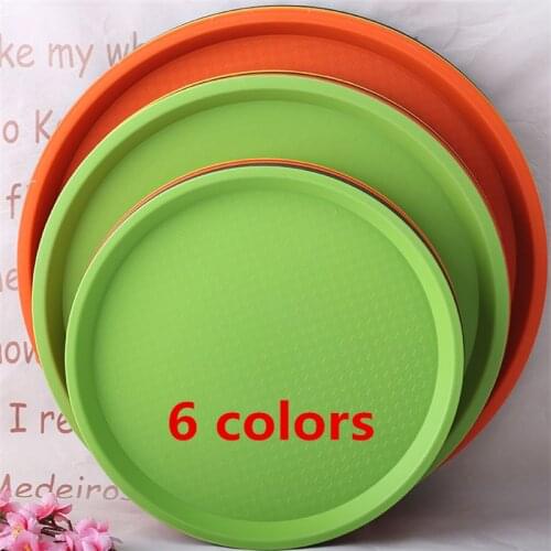 Non slip Plastic round black brown green yellow color fruit plate tea fast food tray Kindergarten hotel Tableware Serving Tray
