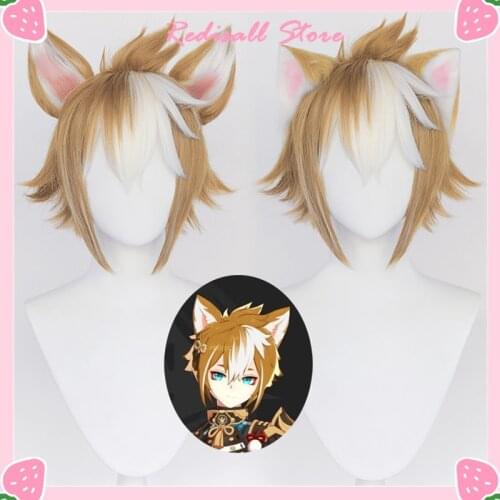 Genshin Impact Gorou Wig Cosplay Ears Render Short Mixed White Synthetic Hair Heat Resistant Adult Free Wig Cap