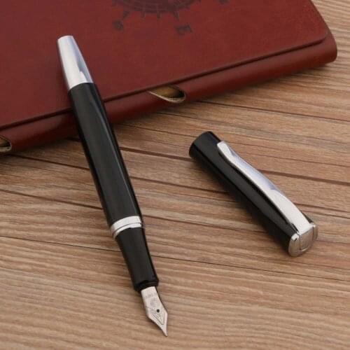 High Quality Fountain Pen Black Lacquered Silver Trim Medium Nib Ink Pens For Stationery Office Supplies Writing
