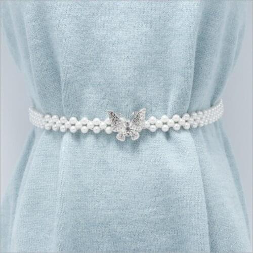 1PC Elegant Women Pearl Belt Waist Belt Elastic Buckle Pearl Chain Belt Female Girls Dress Crystal Strap