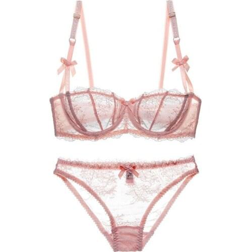 Sexy Ultra-Thin Lace Underwear Womens Transparent Non-Pad Half Cup Bra Bra Set Fox Gathered Bra