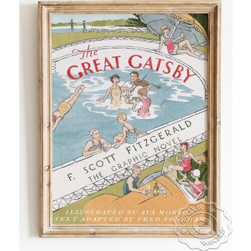The Great Gatsby Graphic Novel Cover Illustration Poster, Aya Morton Watercolour, Pool Beach Party Vintage Wall Hanging Prints