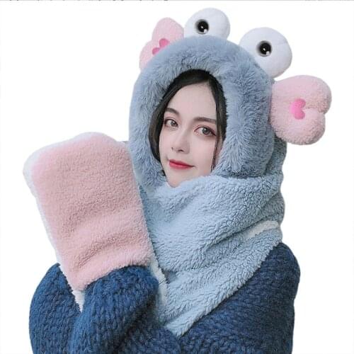 Women Winter Warm 3 In 1 Fuzzy Plush Hooded Scarf Hat Gloves Set Cartoon Big Eyes Ears Windproof Earflap Cap Mittens H9ED