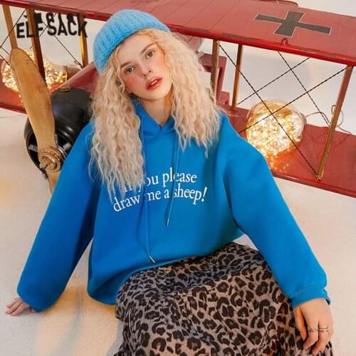 ELFSACK Letter Print Casual Oversize Hoodies Velvet Sweatshirt Women,2021 Winter ELF Vintage Korean Female,Basic Daily Top