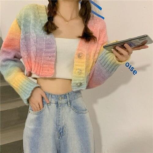 Women Rainbow Colorful Striped Knitted Sweaters Sweet Lady Short Length Cardigan Sweater Autumn V Neck Korean Fashion Clothes