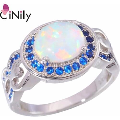 CiNily Created White Fire Opal Blue Zircon Silver Plated Wholesale Hot Sell Fashion For Women Jewelry Ring Size 6-10 OJ6403