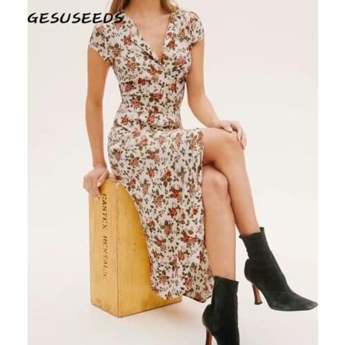 Elegant dress women summer short sleeve dresses vintage floral print dress single breasted midi dresses o neck party dress 2021