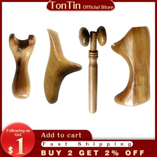 4pcs/set Scented Wood Beauty Face Massage Relax Guasha Scraping Set gift chart and bag