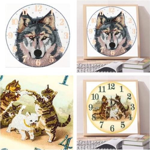 5D DIY Diamond Painting Flowers Wall Clock Diamond Embroidery Animal Wolf Cat Heart Shape Clock Home Decor Special-shaped Drill