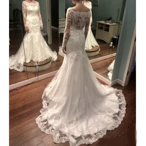 Bateau Neckline White Long Sleeve Wedding Dresses Lace Appliques See Through Back Mermaid Wedding Dresses Bridal Gowns robe de s