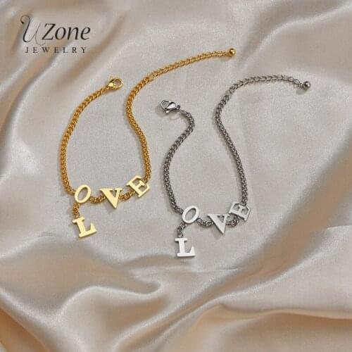 UZone Romantic Letter LOVE Pendant Charm Bracelet Gold Stainless Steel Adjustable Chain Bracelet For Women Girlfriend Party Gift