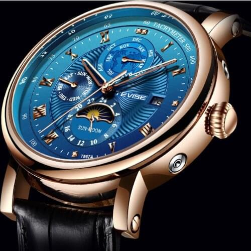 TEVISE Men Watches Top Brand Luxury Business Automatic Mechanical Watch Men Fashion Waterproof Leather Moon Phase Blue Watch+Box